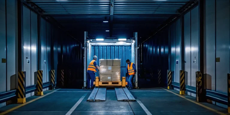Warehouse crew in safety vests repositioning and restabilizing an off-center palletized load inside a semi-trailer at a cross-dock