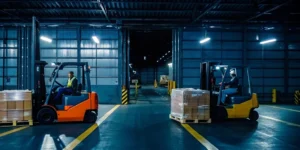 Warehouse workers restacking loaded freight pallets in a distribution center