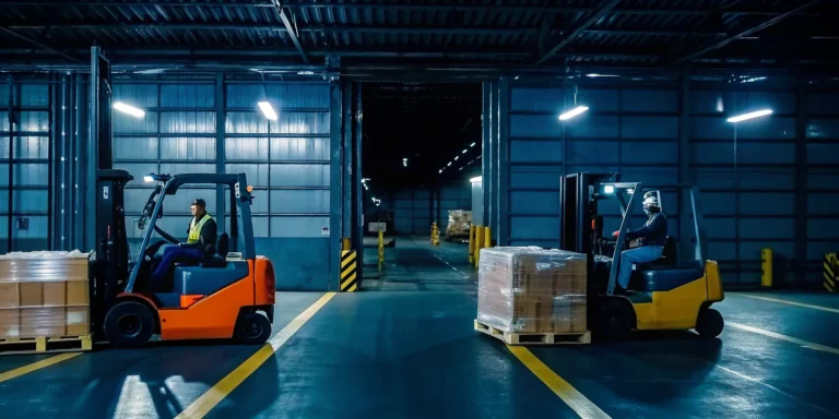 Warehouse workers restacking loaded freight pallets in a distribution center