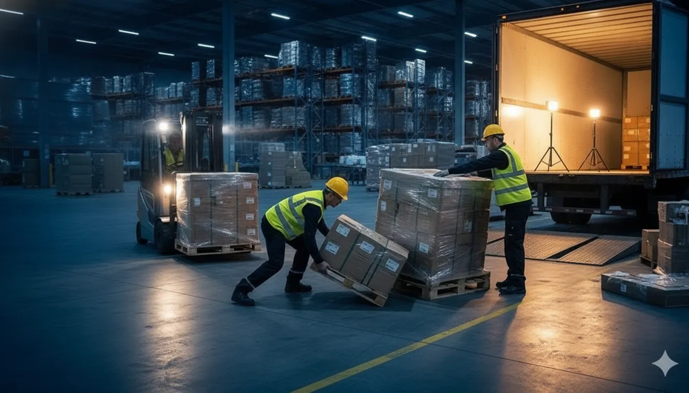 Warehouse workers in high-visibility vests restacking freight pallets on a loading dock