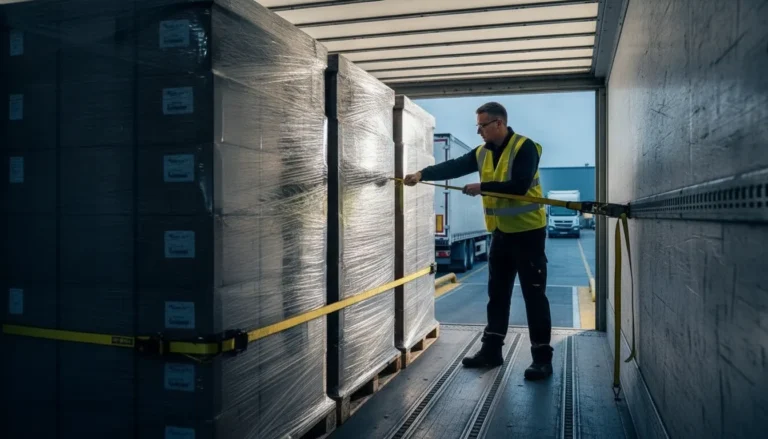 Worker securing a palletized load inside a semi truck trailer with a ratchet strap