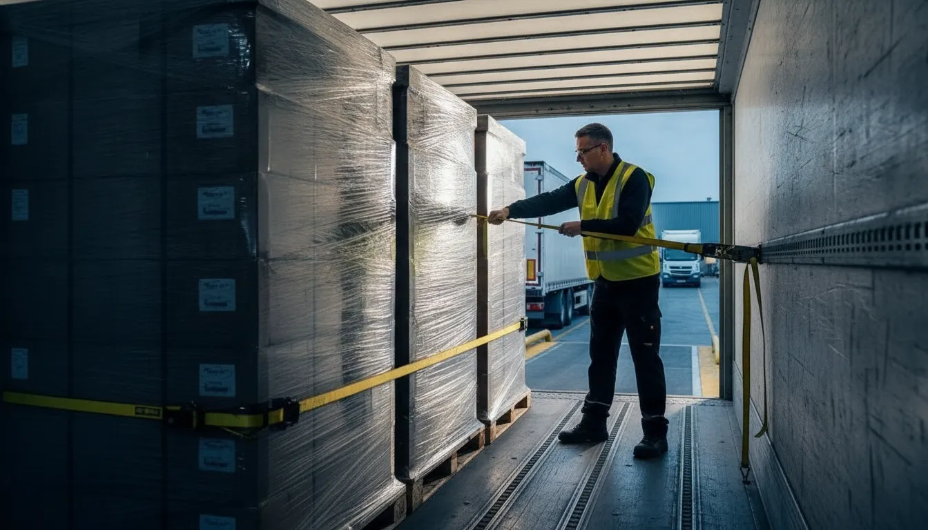 Worker securing a palletized load inside a semi truck trailer with a ratchet strap