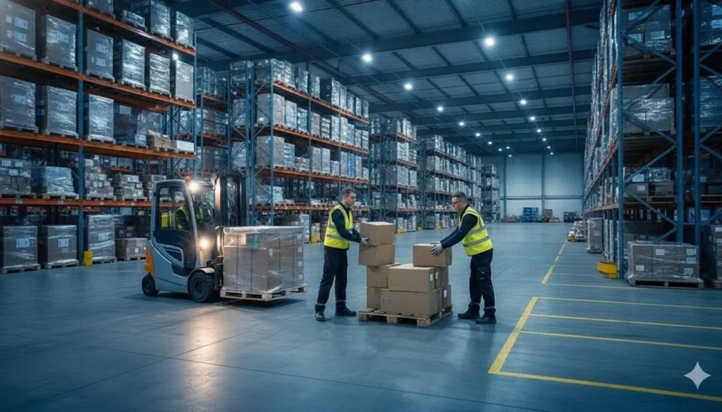Warehouse workers restacking freight pallets at a cross-dock facility