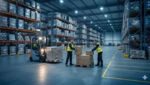 Warehouse workers restacking freight pallets at a cross-dock facility