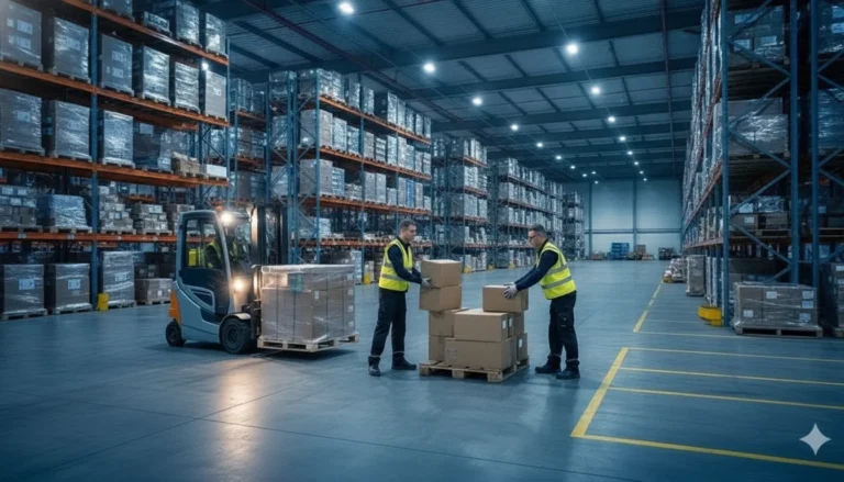 Warehouse workers restacking freight pallets at a cross-dock facility