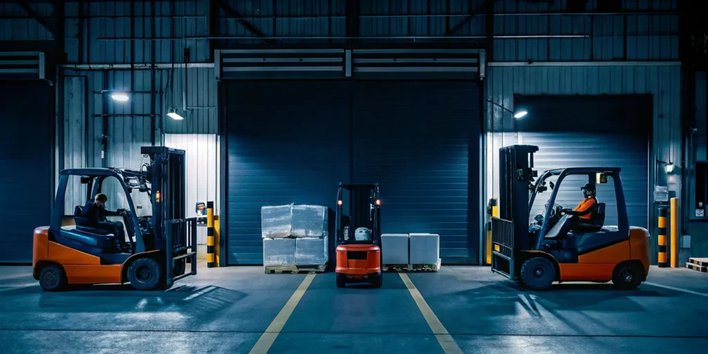 Warehouse crew restacking shifted pallets of boxed freight at an industrial cross dock