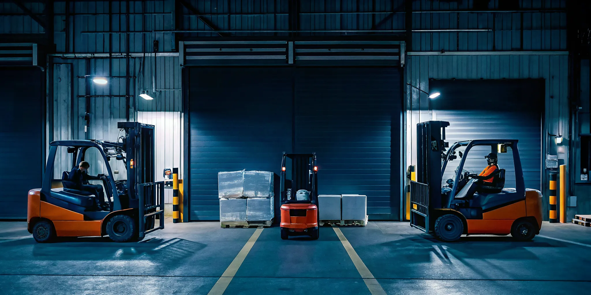 Warehouse crew restacking shifted pallets of boxed freight at an industrial cross dock