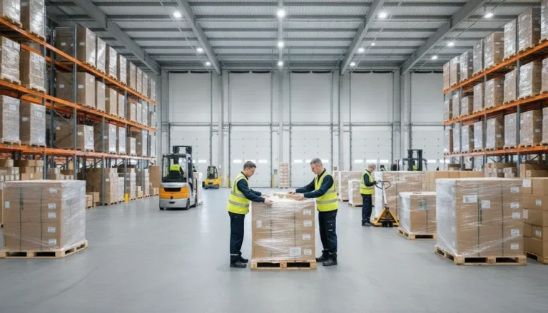 Warehouse workers restacking shipping pallets of boxed goods in a distribution center