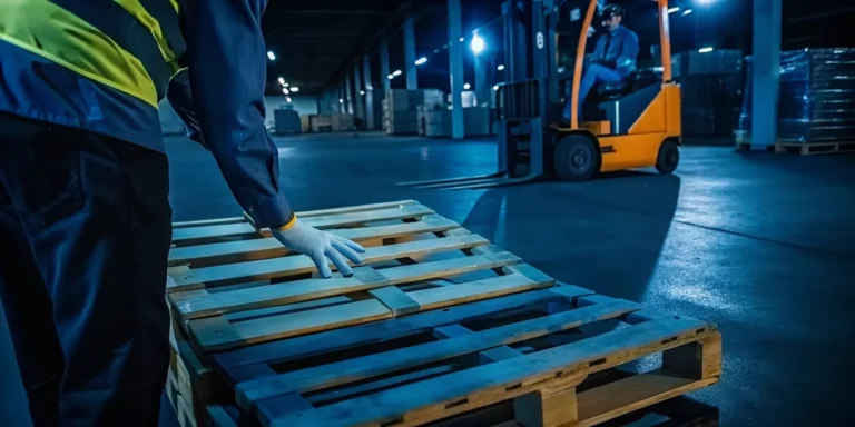 Warehouse worker restacking collapsed freight pallets in a distribution center