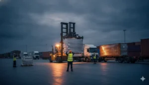 Workers transferring palletized freight between a railcar and semi trailer