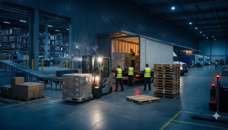 Workers restacking freight pallets on an open trailer bed during an emergency load rework