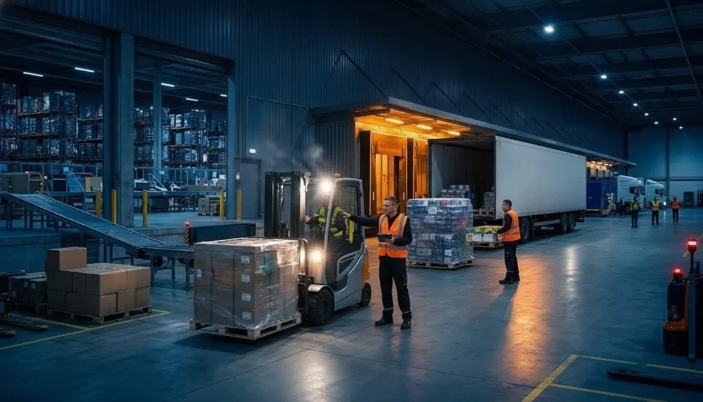 Workers inspecting apparel freight cartons at a loading dock