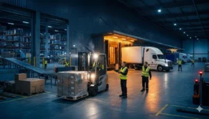 Trucks and workers coordinating an emergency freight transfer at a cross-dock facility