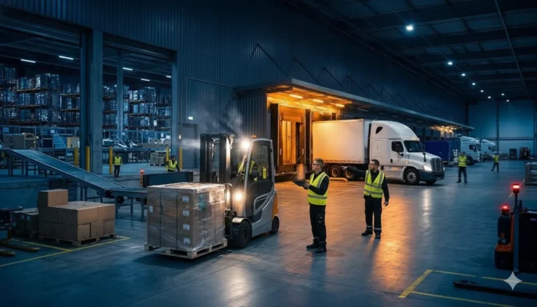 Trucks and workers coordinating an emergency freight transfer at a cross-dock facility
