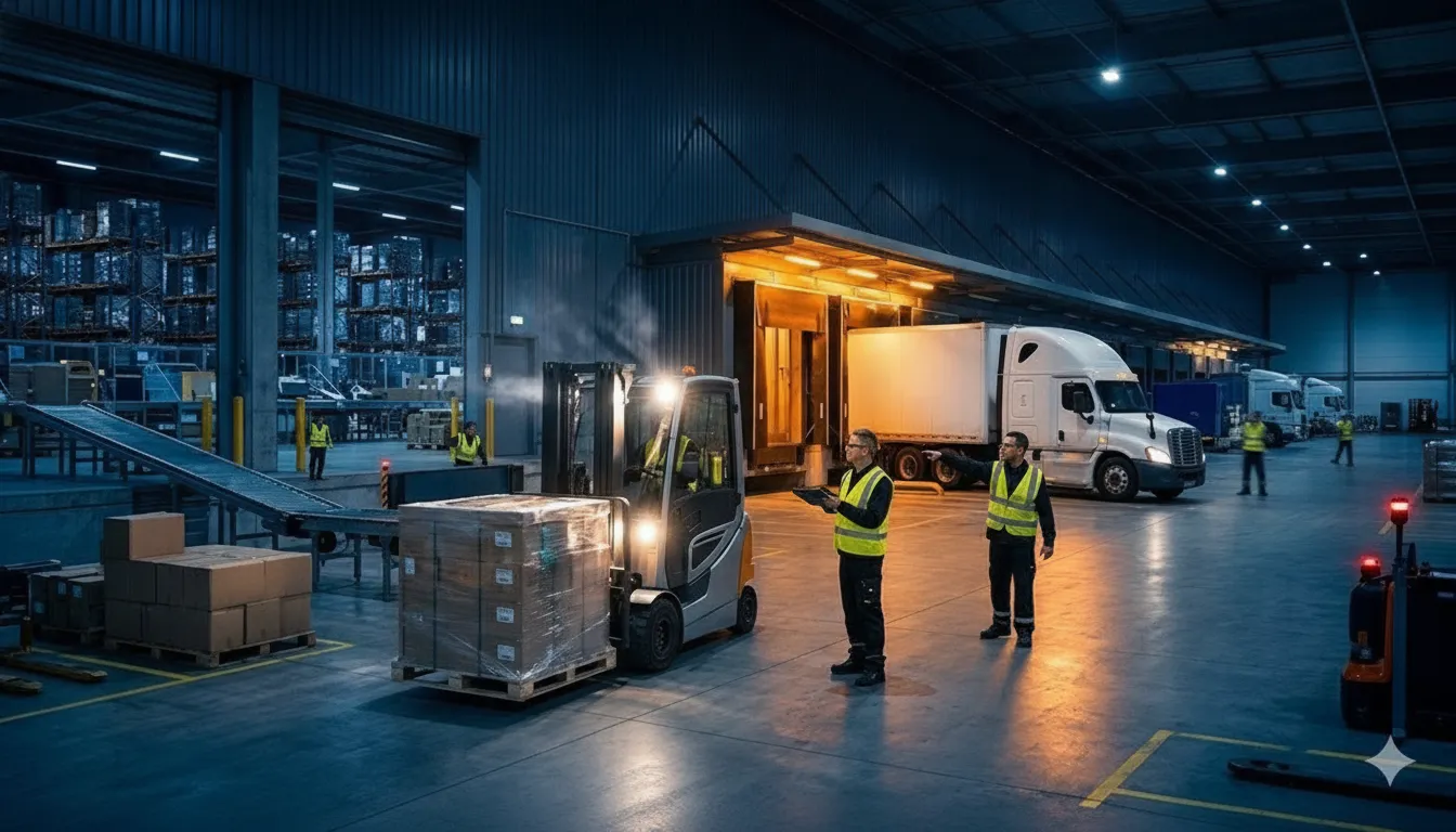 Trucks and workers coordinating an emergency freight transfer at a cross-dock facility
