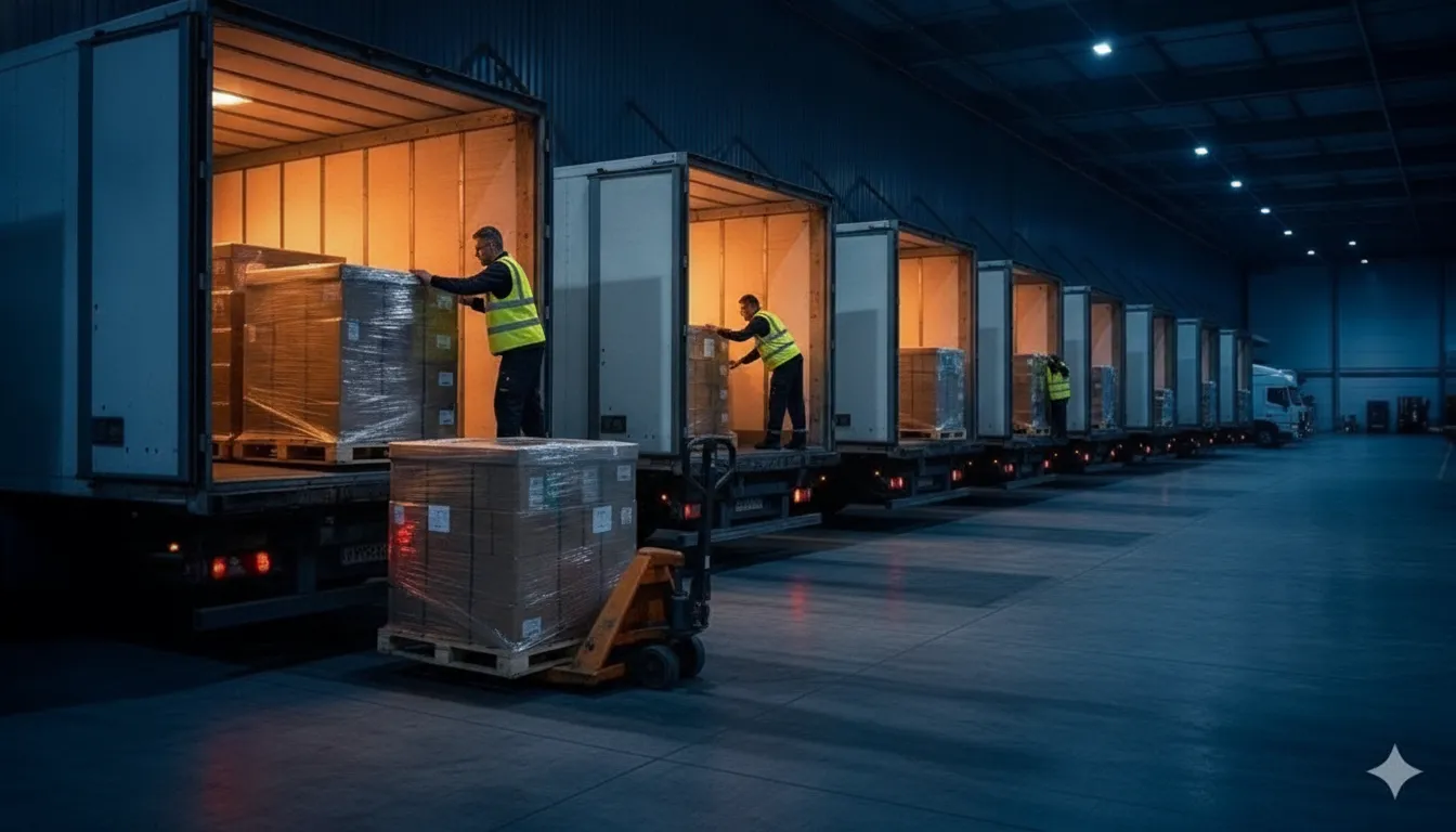 Workers assessing packaged food pallets near a freight trailer
