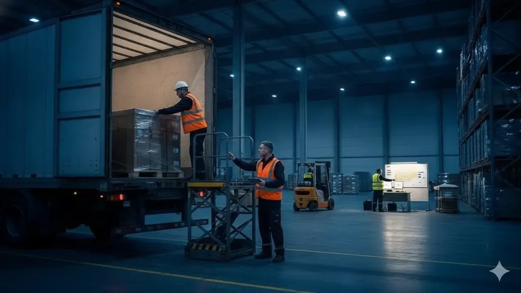 Freight re-delivery services coordinating palletized cargo at a receiving dock