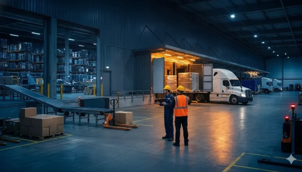 Freight rejected at warehouse receiving dock while a carrier and dock supervisor inspect a palletized load