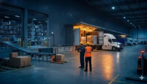 Freight rejected at warehouse receiving dock while a carrier and dock supervisor inspect a palletized load
