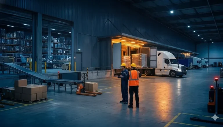 Freight rejected at warehouse receiving dock while a carrier and dock supervisor inspect a palletized load