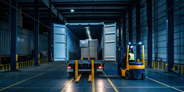 Forklift providing a freight restack near me service on pallets in a warehouse.