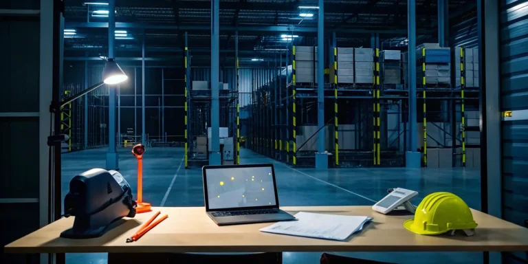 Laptop on a desk in front of freight rework racks, used to find a local provider.