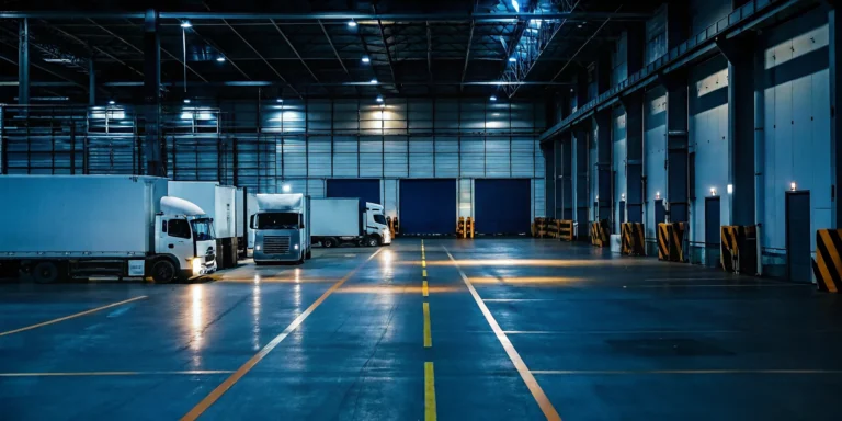 Interior of a modern warehousing facility in Birmingham with trucks at the loading docks.
