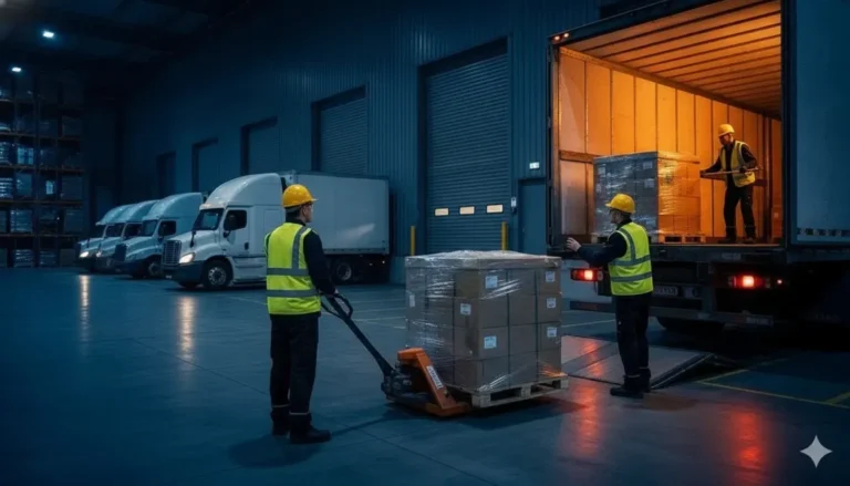 On-site freight labor handlers stabilizing palletized cargo at a loading dock