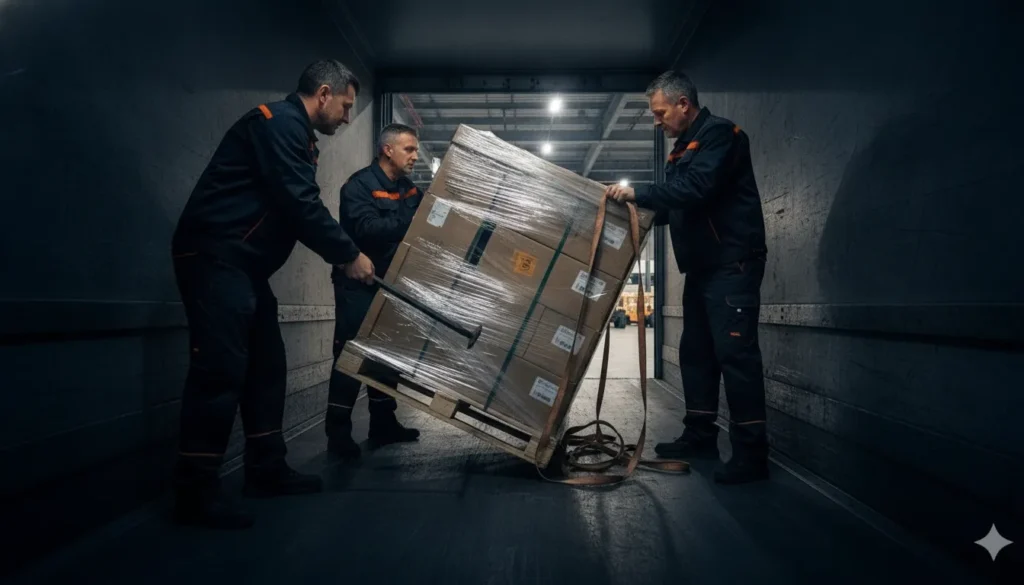 Freight crew stabilizing a damaged pallet during emergency rework
