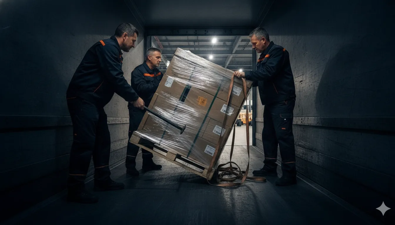 Freight crew stabilizing a damaged pallet during emergency rework