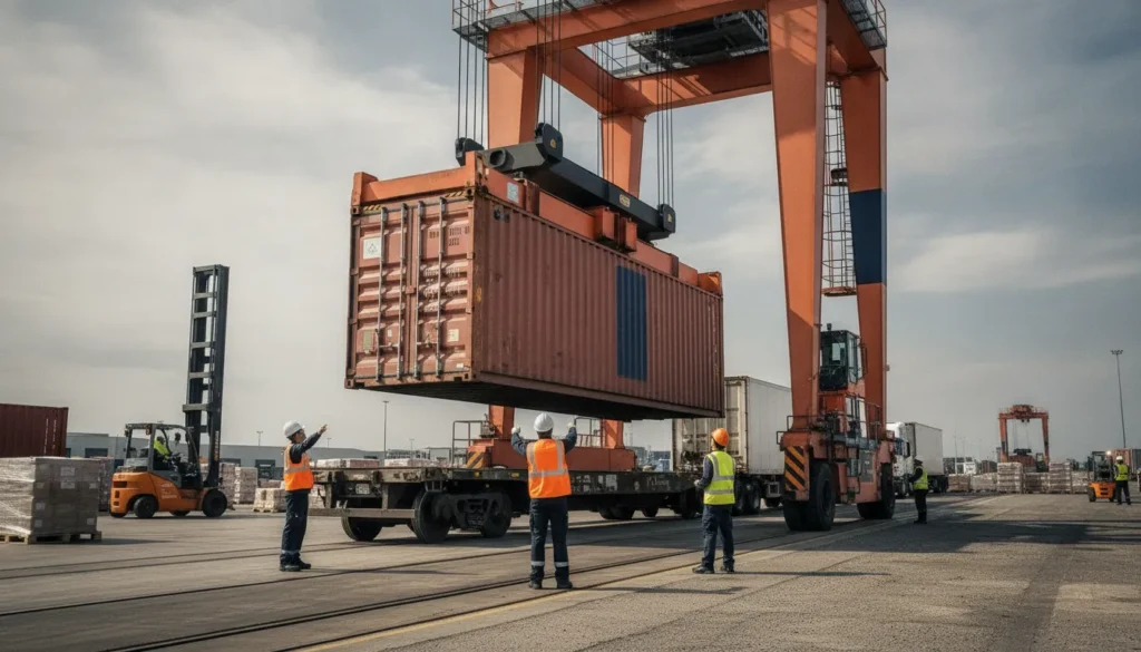 Intermodal freight transferred from a rail terminal to a waiting truck