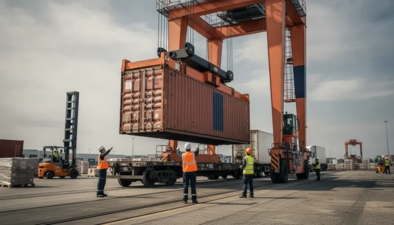Intermodal freight transferred from a rail terminal to a waiting truck