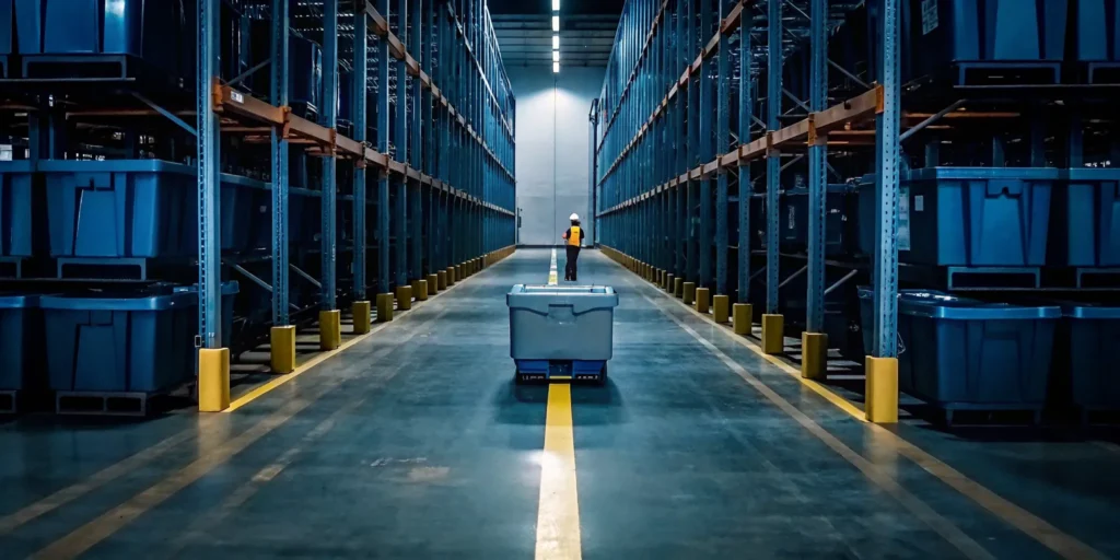 Industrial warehouse services with a worker managing inventory on large storage racks.