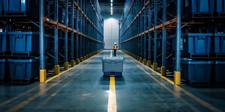 Industrial warehouse services with a worker managing inventory on large storage racks.