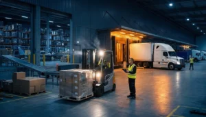 Workers unloading palletized freight at a warehouse dock