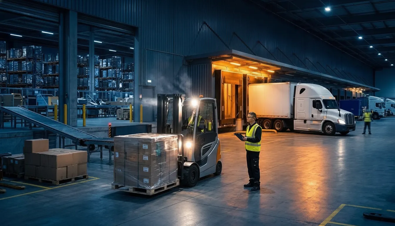 Workers unloading palletized freight at a warehouse dock
