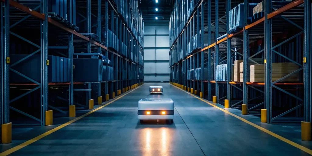 Autonomous robots navigate aisles for efficient dynamic warehousing and inventory automation.