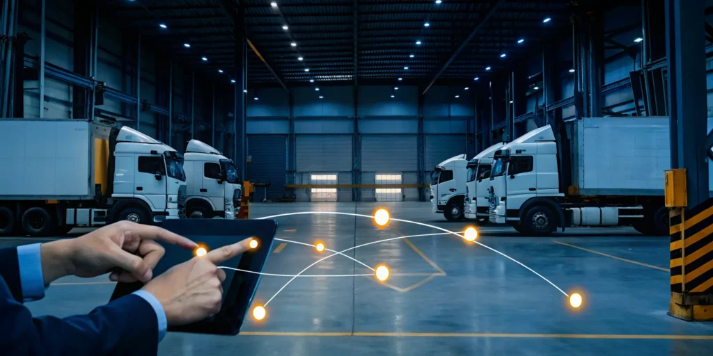 Warehouse trucks providing a restock near me solution for an urgent freight shipment.