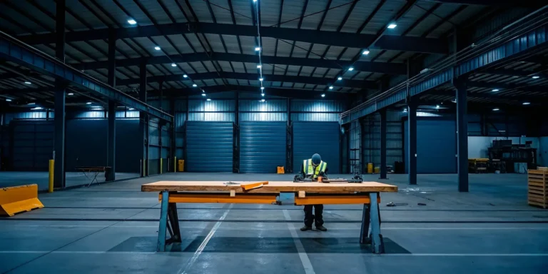 A worker from a local pallet rework service fixing a damaged shipment in a warehouse.