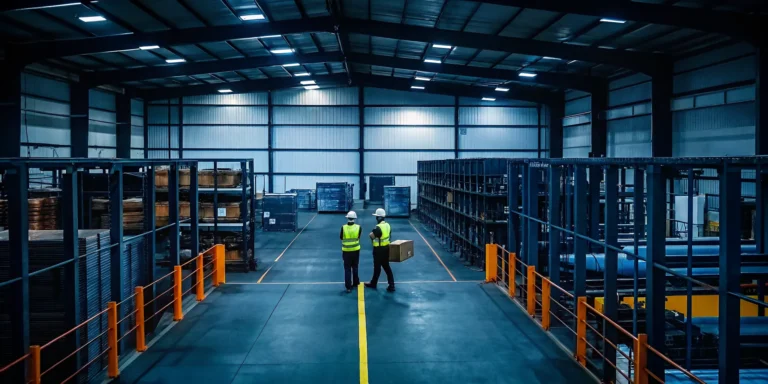 Workers in a modern Manchester warehouse discussing flexible warehousing options.