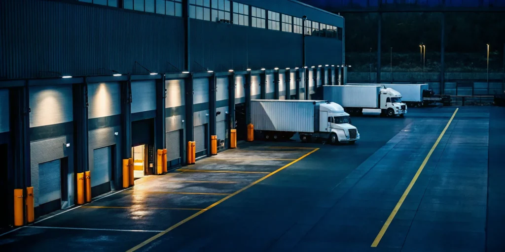 Modern New England warehousing facility with semi-trucks at the loading docks.