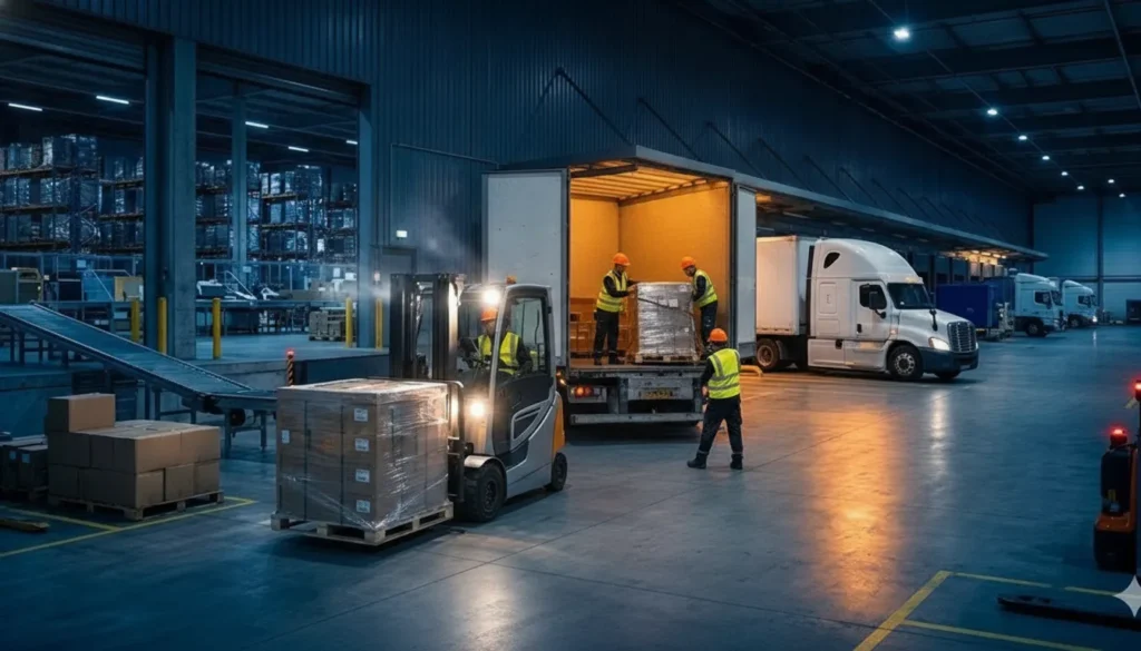 Workers stabilizing freight at a nighttime distribution dock