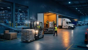 Workers stabilizing freight at a nighttime distribution dock