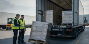 Freight team inspecting damaged pallets beside a stopped trailer