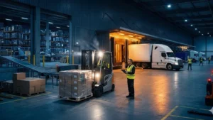 Warehouse operations supervisor coordinating fallen pallet inspection and freight rework