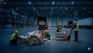 Freight disposal services team inspecting damaged palletized cargo at a warehouse loading dock
