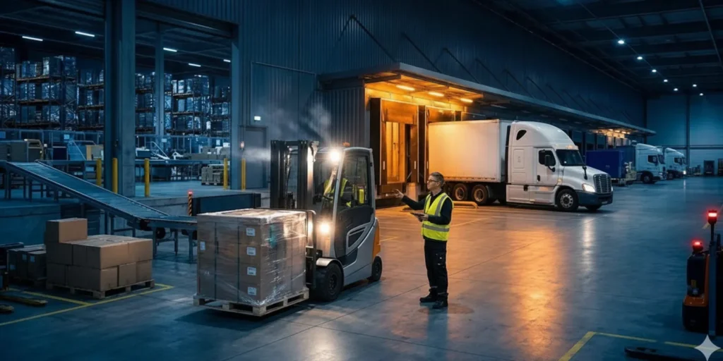 Freight pallets being carefully reorganized inside a trailer at a loading dock