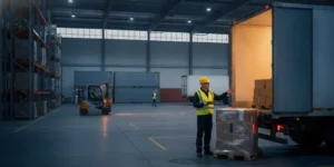 Freight professional inspecting a secured pallet load beside a trailer at a transfer facility