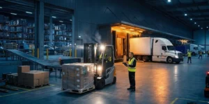 Forklift operators carefully transferring palletized freight between a trailer and a loading dock