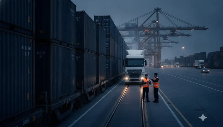 Intermodal freight container, rail cars, truck, and logistics workers at a terminal